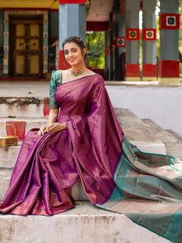 Anjaneya Sarees - Purple Woven Designer Banarasi Silk Kanjivaram Saree with Unstitched Blouse