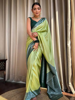 Anjaneya Sarees - Green Woven Designer Banarasi Silk Kanjivaram Saree with Unstitched Blouse