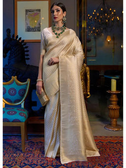 Anjaneya Sarees - Beige Woven Designer Banarasi Silk Kanjivaram Saree with Unstitched Blouse
