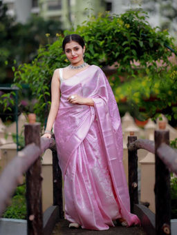 Anjaneya Sarees - Pink Woven Designer Banarasi Silk Kanjivaram Saree with Unstitched Blouse