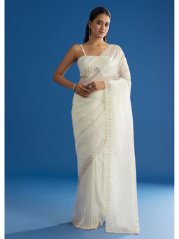 KALKI FASHION - White Crepe Tissue with Moti Beads and Cut Dana Saree with Unstitched Blouse