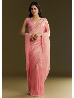 KALKI FASHION - Pink Crepe Tissue with Moti Beads and Cut Dana Saree with Unstitched Blouse
