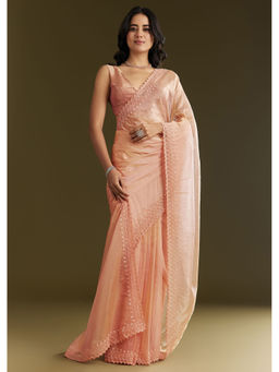 KALKI FASHION - Peach Organza With Embellishment And Scallop Border Saree With Unstitched Blouse