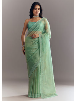 KALKI FASHION - Green Organza with Stones Beads Scallop Border Saree with Unstitched Blouse