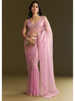 KALKI FASHION - Pink Tissue with Stone Embellishment Scallop Border Saree with Unstitched Blouse