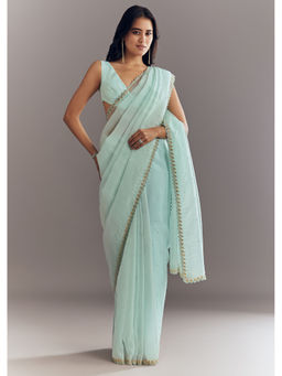 KALKI FASHION - Light Blue Beads Embroidery and Cutwork Scallop Border Saree with Unstitched Blouse