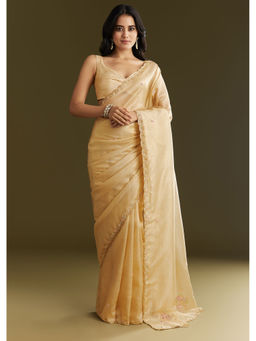 KALKI FASHION - Gold Crushed Tissue Floral Embroidery and Scallop Border Saree with Unstitched Blouse