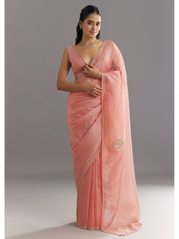 KALKI FASHION - Peach Crushed Tissue with Cut Dana Embroidery Saree with Unstitched Blouse