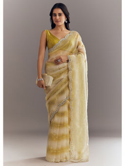 KALKI FASHION - Yellow Shaded Glass Tissue with Cut Dana Scallop Border Saree with Unstitched Blouse