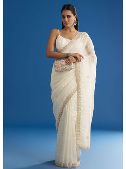 KALKI FASHION - White Crushed Tissue with Sequins Scallop Border Saree with Unstitched Blouse