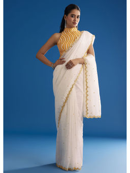 KALKI FASHION - White Crepe Silk Mirror Scallop Contrast Border Saree with Unstitched Blouse