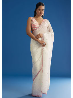 KALKI FASHION - Crepe Silk with Mirror Scallop Border Contrast Blouse Saree with Unstitched Blouse