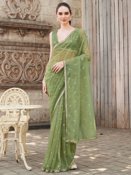 Tikhi Imli - Green Shimmer Net With Sequined Butti And Border Saree With Unstitched Blouse