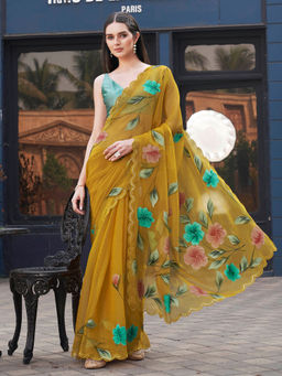 Tikhi Imli - Yellow Hand Print Jimmy Choo With Scalloped Border Saree With Unstitched Blouse