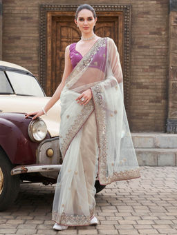 Tikhi Imli - White Colored Embroidered Net Saree With Unstitched Blouse