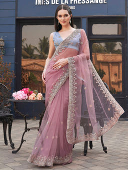 Tikhi Imli - Pink Colored Embroidered Net Saree With Unstitched Blouse