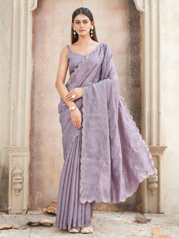 Tikhi Imli - Mauve With Mirror Embroidery On Pallu And Scalloped Saree With Unstitched Blouse