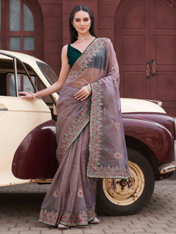 Tikhi Imli - Mauve Colored Shimmer Net Embroidered Saree With Unstitched Blouse