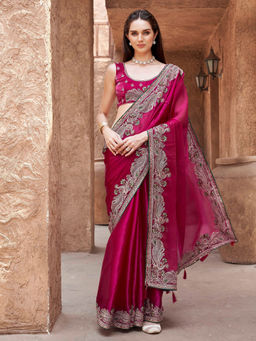 Tikhi Imli - Rani Colored Zari Embroidered Saree With Unstitched Blouse