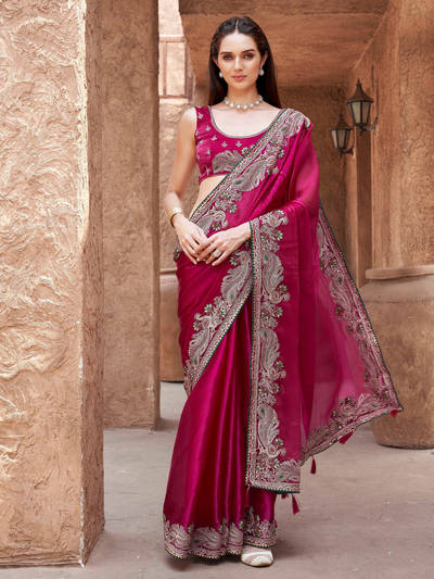 Rani Colored Zari Embroidered Saree With Unstitched Blouse