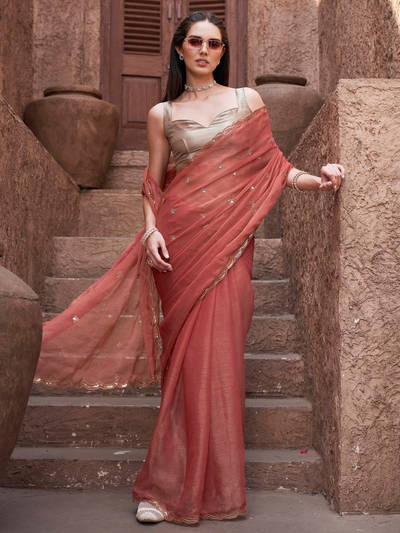 Mirror Embroidery On Pallu And Scalloped Border Saree With Unstitched Blouse