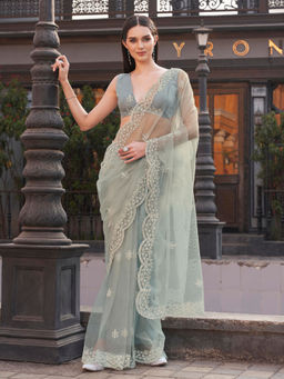 Tikhi Imli - Grey Colored Embroidered Net With Scalloped Border Saree With Unstitched Blouse