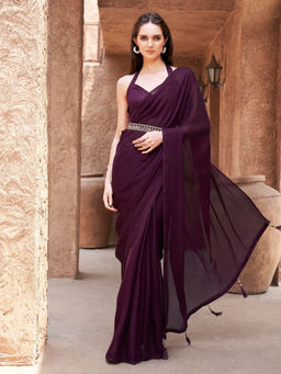 Tikhi Imli - Ready Pleats Belted Magenta Satin With Tassels Saree With Unstitched Blouse