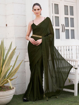 Tikhi Imli - Ready Pleats Belted Olive Satin With Tassels Saree With Unstitched Blouse