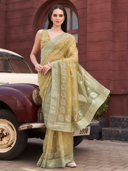 Tikhi Imli - Gold Colored Designer Shimmer Net Embroidered Saree With Unstitched Blouse