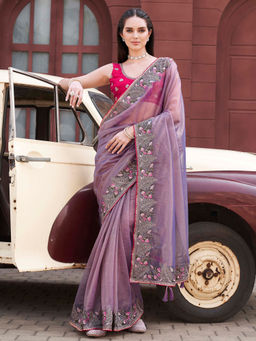 Tikhi Imli - Purple Colored Designer Shimmer Net Embroidered Saree With Unstitched Blouse