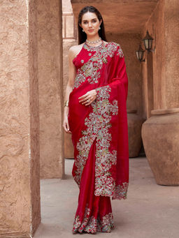 Tikhi Imli - Red Designer Jimmy Choo With Sequined Embroidery Border Saree With Unstitched Blouse