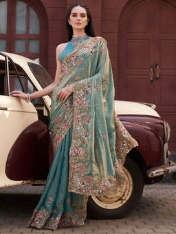 Tikhi Imli - Two Tone Blue And Gold Jimmy Choo With Embroidery Border Saree With Unstitched Blouse