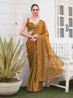 Tikhi Imli - Two Tone Gold And Green Jimmy Choo With Embellished Lace Saree With Unstitched Blouse