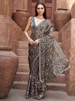 Tikhi Imli - Metallic Grey Colored Embroidered Saree With Unstitched Blouse