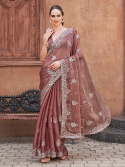 Tikhi Imli - Metallic Copper Colored Embroidered Saree With Unstitched Blouse