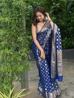 Anjaneya Sarees - Navy Blue Woven Designer Banarasi Silk Kanjivaram Saree with Unstitched Blouse