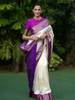 Anjaneya Sarees - White Woven Designer Banarasi Silk Kanjivaram Saree with Unstitched Blouse