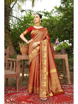Anjaneya Sarees - Red Woven Designer Banarasi Silk Kanjivaram Saree with Unstitched Blouse
