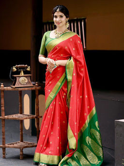 Anjaneya Sarees - Red Woven Designer Banarasi Silk Kanjivaram Saree with Unstitched Blouse