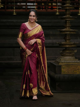 Anjaneya Sarees - Maroon Woven Designer Banarasi Silk Kanjivaram Saree with Unstitched Blouse
