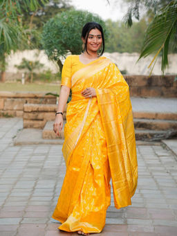 Anjaneya Sarees - Yellow Woven Designer Banarasi Silk Kanjivaram Saree with Unstitched Blouse