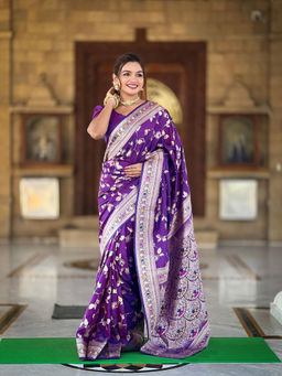 Anjaneya Sarees - Purple Woven Designer Banarasi Silk Kanjivaram Saree with Unstitched Blouse