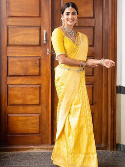 Anjaneya Sarees - Yellow Woven Designer Banarasi Silk Kanjivaram Saree with Unstitched Blouse