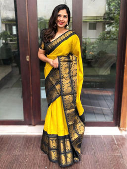 Anjaneya Sarees - Yellow Woven Designer Banarasi Silk Kanjivaram Saree with Unstitched Blouse