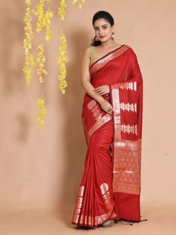 CHARUKRITI - Brick Red Silk Handwoven Zari Woven Floral Designs & Motifs Saree with Unstitched Blouse
