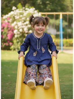 Rain & Rainbow - Blue Round Neck Solid/Plain Kurti & Pant