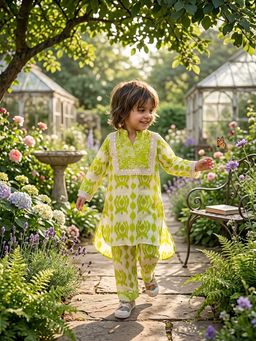 Rain & Rainbow - Green Mandarin Neck Printed Co-ord Set