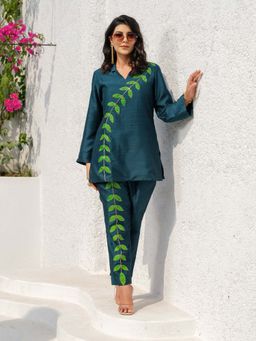 LABEL APURVA - Teal Leaf Embroidered Co-Ord Set
