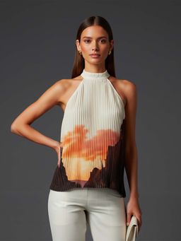 ROSA DAME - Multi-Colour Canyon Sunset Digital Print Pleated Halter Neck Top