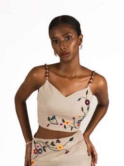 ROSA DAME - Beige Linen-Cotton Embroidered Crop Top